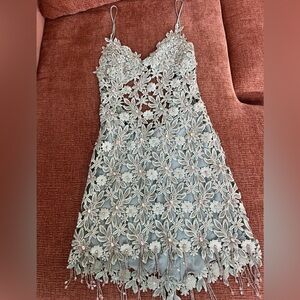 Light Blue Floral Lace Spaghetti Straps Slip Dress with Crystal Beaded Fringe.